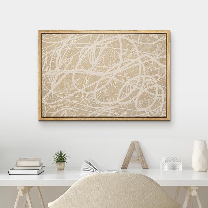 MUDECOR Framed Canvas Print Wall Art Beige Abstract Line Scribble Modern Minimal Illustrations Minimalism Decorative Bohemian Zen for Living Room, Bedroom, Office - 24"x36" NATURAL