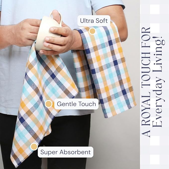 Check Dish Towels 4 Pack, 18"x26", Absorbent Hand Towels for Kitchen Use, Quick Dry Cloths, Durable Washable Rags, Reusable Dishcloth Set - Indigo Blue, Mustard Yellow, Aqua Blue