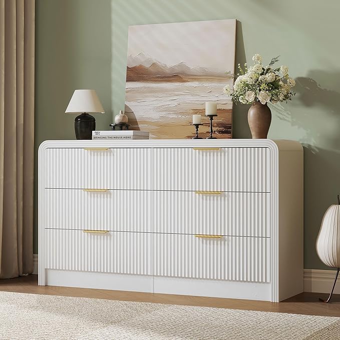 Fluted 6 Drawers Dresser for Bedroom, 55 Inch Wood Dressers with Gold Handles, Modern Dressers with Wave Texture, Large Storage Chest of Drawers, Bedroom Dresser Organizer (Pure White)