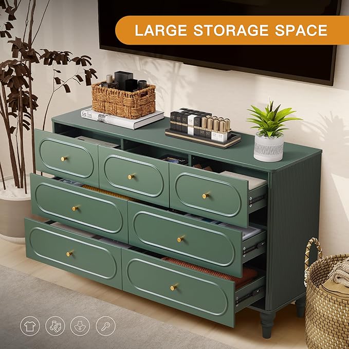 ORRD Fluted 7 Drawer Dresser for Bedroom, Mid Century Modern Chest of Drawers, Wood Storage Large Dresser Organizer for Bedroom Living Room Hallway Closet, Green