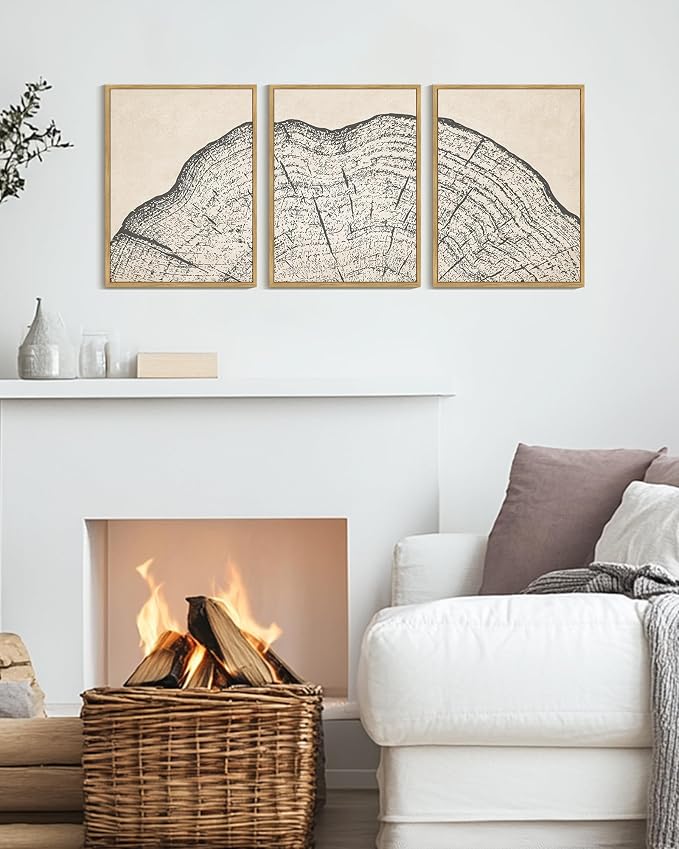 KUVIOKE Framed Tree Rings Wood Wall Art Modern Retro Beige Wood Stump Wall Decor Nature Abstract Art Print for Living Room Bedroom 12x16in (Natural Framed)