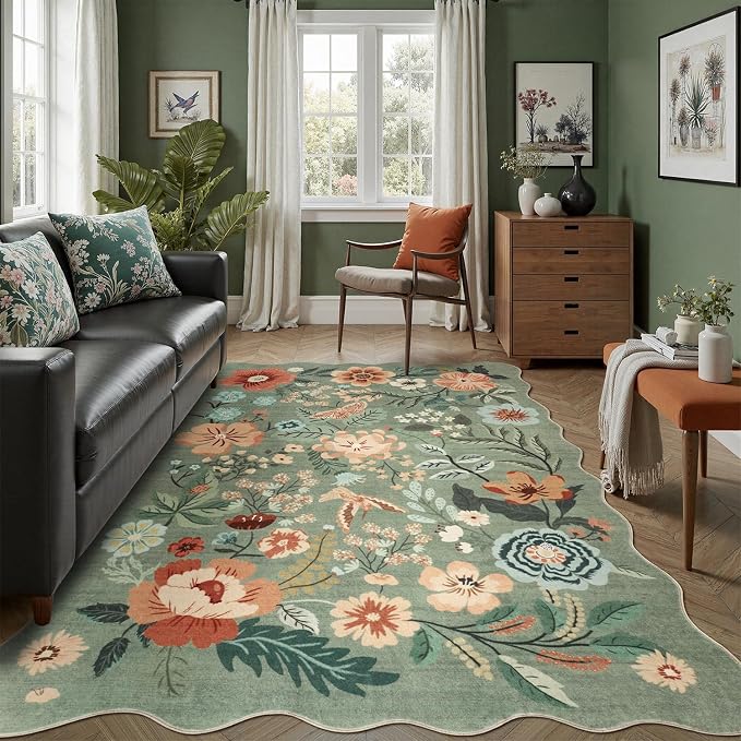 DCX Vintage Floral Rug 8x10, Washable Sage Green Rug for Living Room, Kid & Pet Friendly with Rubber Back Non Slip, Soft Low Pile Carpet, Stain Resistant Rug for Bedroom, Nursery, Dining Room