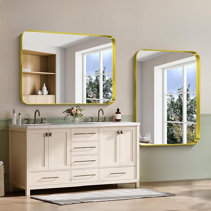 CIRCUMI Gold Bathroom Mirror, 36"x50" Rectangular Mirror with Deep Metal Frame, Rounded Corner, Tempered Glass, Large Mirror for Wall, Over 2 Sinks, Installed Vertically/Horizontally, Crystal-Clear