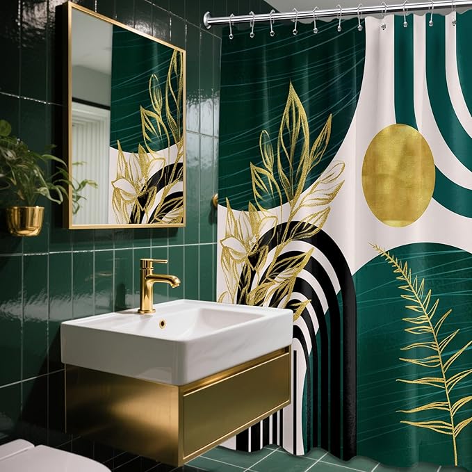 Dark Green Shower Curtain Boho Mid Century Modern Emerald Hunter Green and Gold Shower Curtains for Bathroom Decor, Waterproof Cloth Fabric with Hooks, 70" W x 78" L