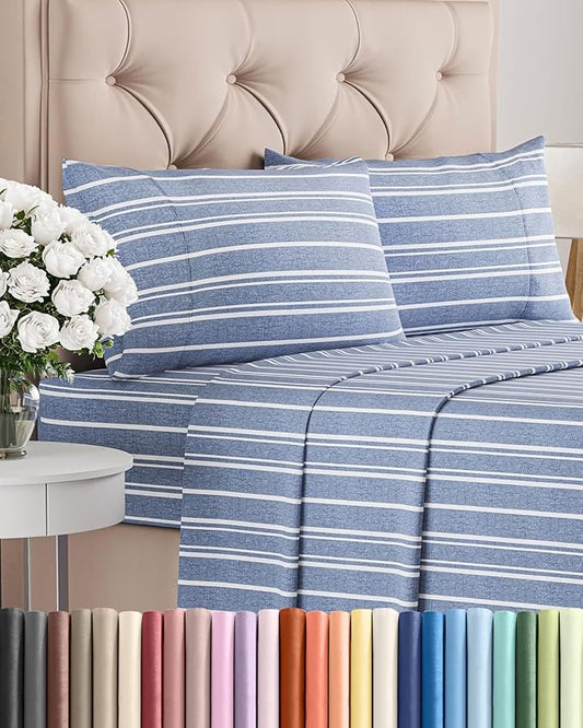 Cal King Size 4 Piece Sheet Set - Comfy Breathable & Cooling Sheets - Hotel Luxury Bed Sheets for Women & Men - Deep Pockets, Easy-Fit, Soft & Wrinkle Free Sheets - Blue Stripes Oeko-Tex Bed Sheet Set