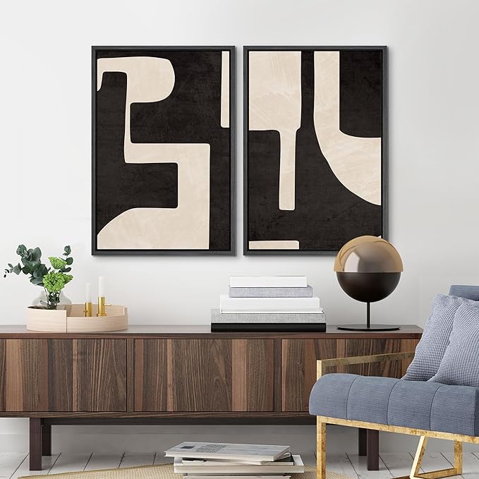 MUDECOR Framed Canvas Print Wall Art Black & White Geometric Paint Stroke Decor Abstract Nature Illustration Modern Art Decorative Multicolor Geometric Minimal for Bedroom - 16"x24"x2 Black