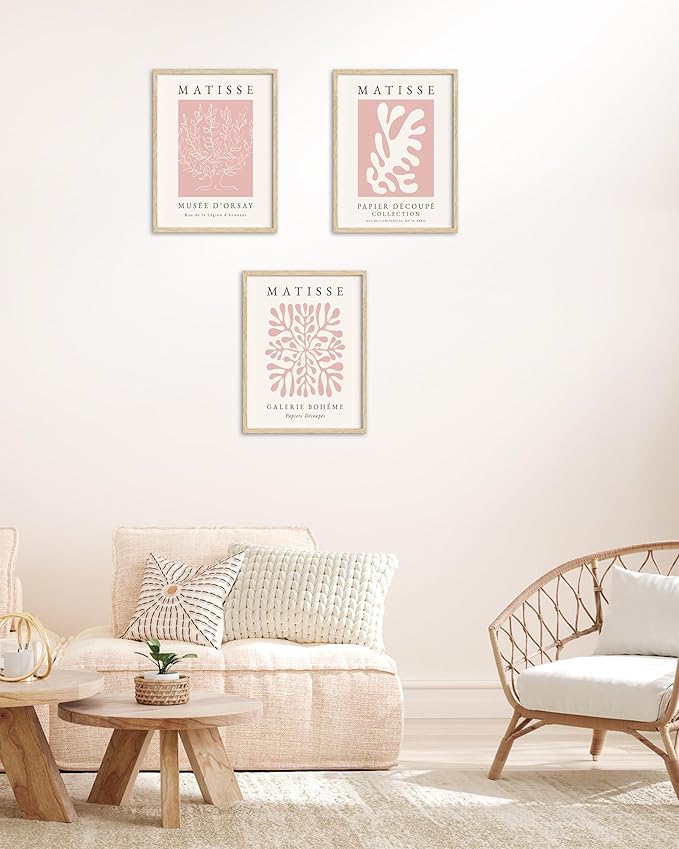 HesenDot Unframed Pink Wall Art Set of 3,12x16in Matisse Canvas Prints,Abstract Botanical Wall Decor Posters,Minimalist Modern Home Decoration for Living Room Bedroom Office, Unframed