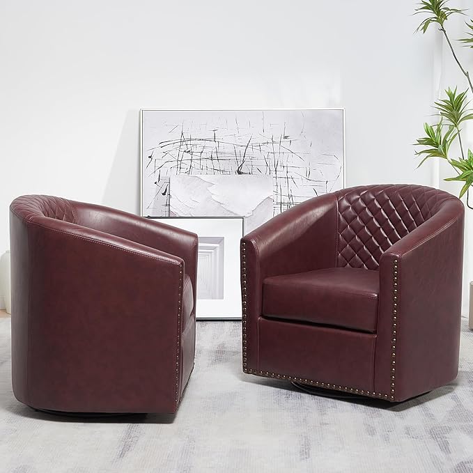 KINWELL 29" Wide Tufted Faux Leather Swivel Barrel Chair Set of 2, PU Leather Modern Upholstered Accent Chairs with Nailhead Trim, Small Armchair for Living Room Bedroom, Red