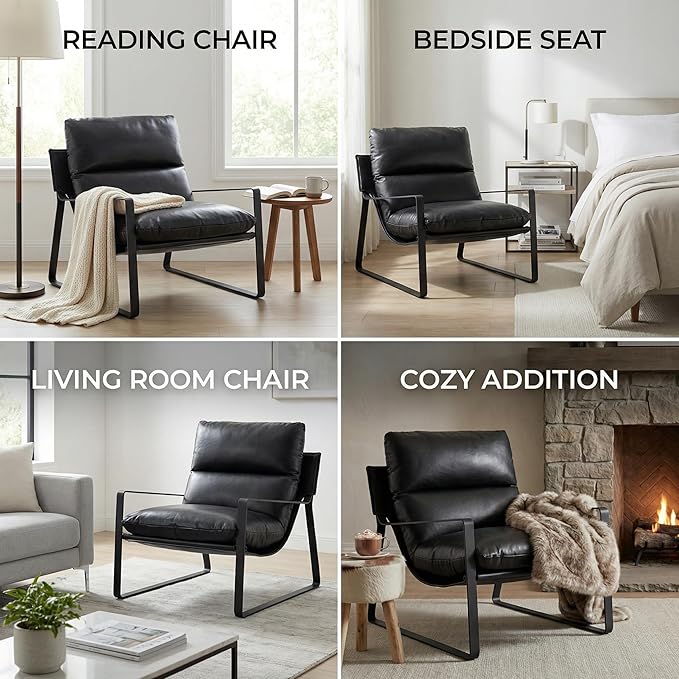 LukeAlon Modern PU Leather Accent Armchair, Upholstered Living Room Chair with Metal Base Removable Thickened Cushion Single Sofa Chair Comfy Lounge Chair for Bedroom Living Room Office, Black
