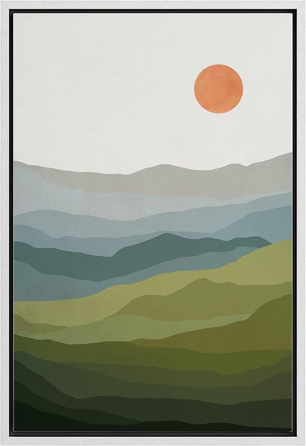 Woodrose Framed Canvas Print Wall Art Green, Blue & Gray Mountain Landscape Abstract Shapes Illustrations Modern Art Minimalist 3D Colorful Ultra for Living Room, Bedroom, Office - 24"x36" WHITE