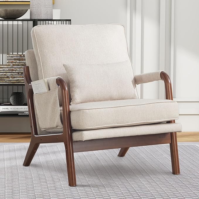 ANJ Mid Century Modern Accent Chair, Lounge Reading Armchair with Extra Side Pocket & Detachable Cushion, Comfy Fabric Accent Chairs for Living Room, Bedroom,Beige