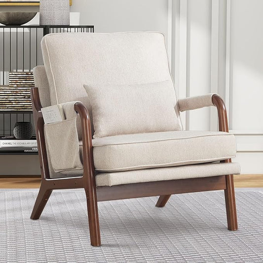 ANJ Mid Century Modern Accent Chair, Lounge Reading Armchair with Extra Side Pocket & Detachable Cushion, Comfy Fabric Accent Chairs for Living Room, Bedroom,Beige