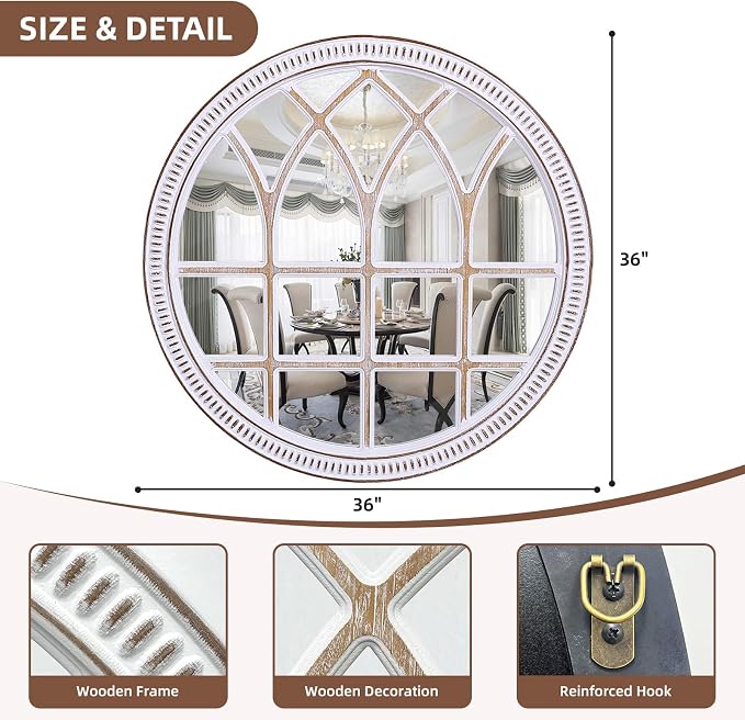 HOITUZYUS 36 Inch Decorative Round Wood Window Mirror | Large Farmhouse Windowpane Wall Mirrors for Entryway, Living Room, Bedroom, Dining Room & Mantel Decor