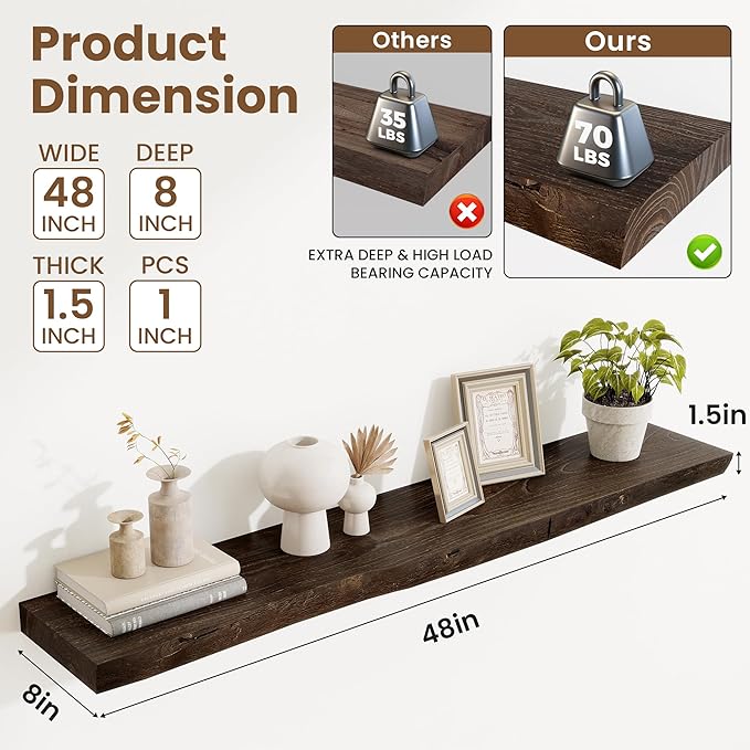 Extra Deep 48" Long Live Edge Rustic Floating Shelves for Wall, Solid Wood Wall Shelves with Invisible Bracket Mount for Living Room Bathroom Bedroom Kitchen, Set of 1, Natural