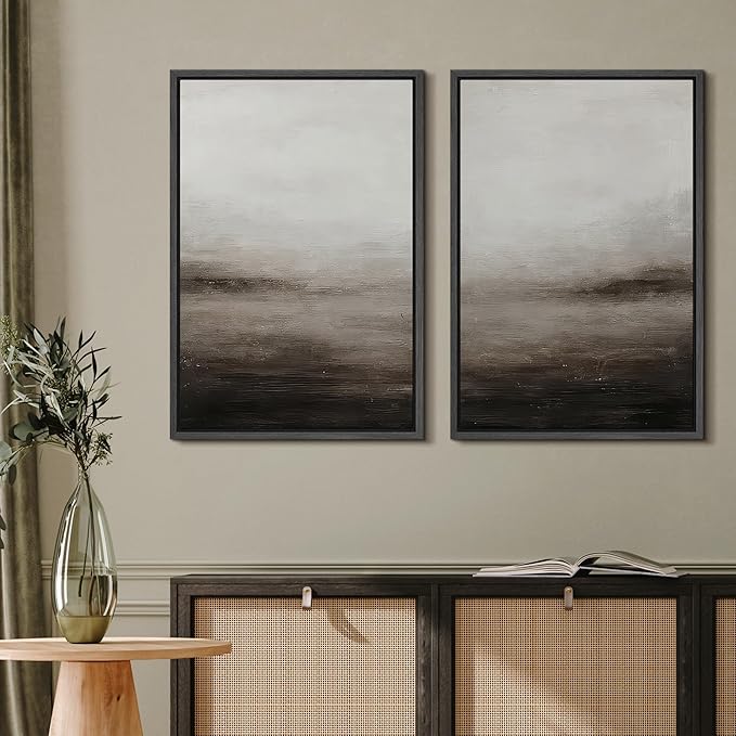 MUDECOR Framed Canvas Print Wall Art Neutral Abstract Modern Minimalist Landscape in Beige and Gray Illustrations Modern Art Decorative Bohemian for Living Room, Bedroom, Office - 16"x24"x2 Black