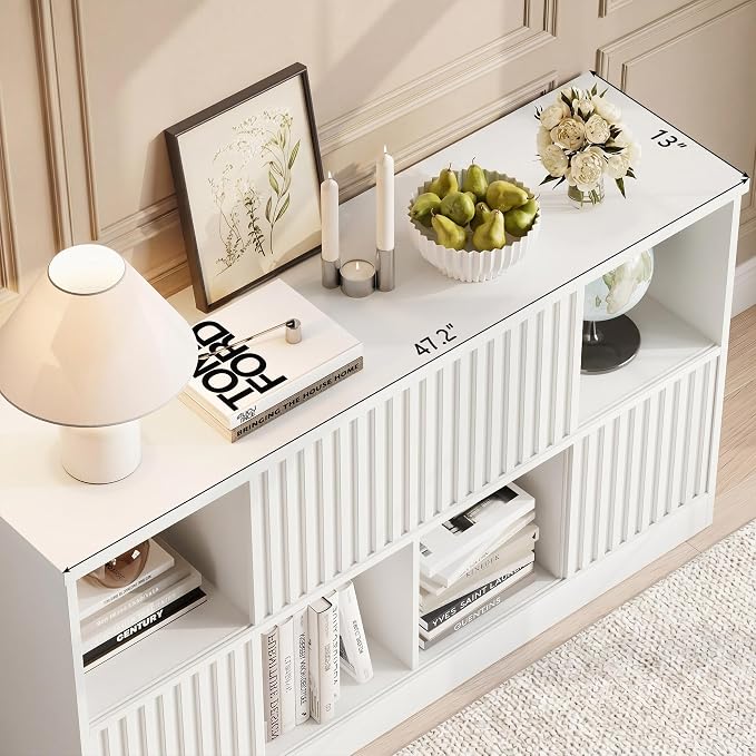Einhomn 8 Cube Storage Organizer with Sliding Doors, Modern Fluted Bookshelf with Storage Cabinet, Wooden Bookcase with 4 Open Shelves for Living Room, Home Office, Bedroom, White