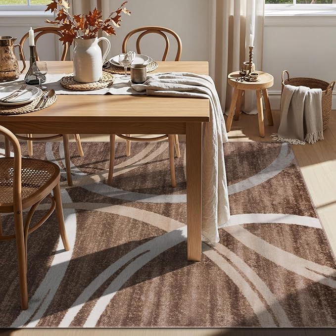 Rugshop Modern Wavy Circles Design Area Rug, Fade-Resistant Carpet for Living Room, Bedroom, or Dining Room, Brown, 6'6" x 9'