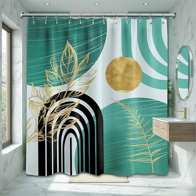 Teal Blue and Gold Shower Curtain Boho Mid Century Turquoise and Aqua and Black Shower Curtains for Bathroom Decor, Waterproof Cloth Fabric with Hooks, 70" W x 72" L