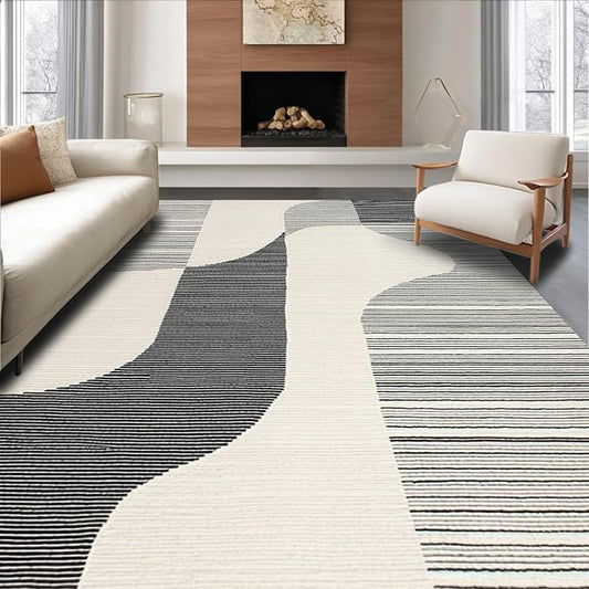 Flatwoven High Traffic Area Rug 6x9, Modern Zebra Inspired Abstract Stripe with Dynamic Flowing Lines, Non Slip, Stain Resistant, Washable Area Rugs for Living Room, Bedroom (Black, 6x9)