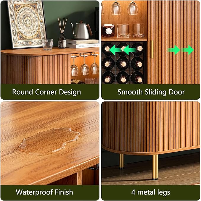 DHH 55" Wine Bar Cabinet with Storage, Fluted Liquor & Coffee Bar Cabinet with Wine Rack and Glass Holder, Buffet Sideboard with LED Lights for Home Kitchen Living Dining Room(Yellow Walnut)