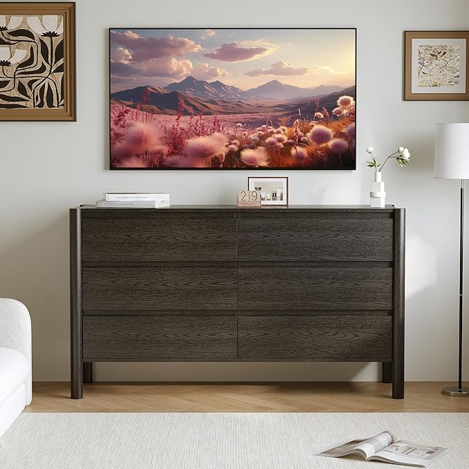 Dresser for Bedroom,6-Drawers,47" Wide Farmhouse Large Dressers & Chest,4 Solid Wood Legs,TV Stand, Storage Organizer Furniture for Bedroom(Black)