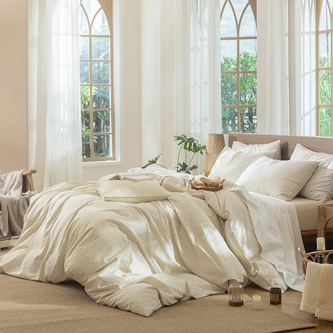 MooMee Striped Duvet Cover Set 100% Washed Cotton Linen Like Textured Breathable Durable Soft Comfy (Almond Milk Grey White Wide Stripes, Queen 90"x90")