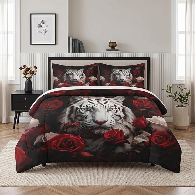 WeCozy Twin Size Comforter Set with Pillowcase, White Tiger Wild Animal 2 Pcs Bedding for Kids and Adults, Beautiful Red Rose Flower Soft Comforter Set for Bedroom Bed Decor