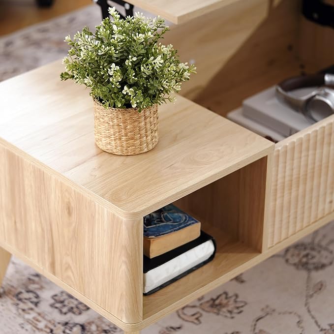 LYNCOHOME Fluted Lift Top Coffee Table with Storage, Modern Coffee Table for Living Room, Home Office(Natural)