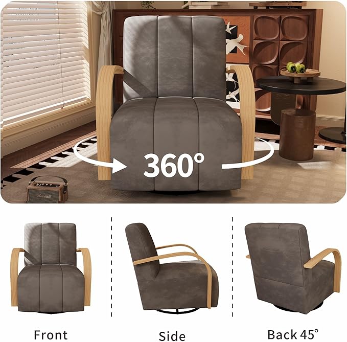 Chifee & Vingol 360° Swivel Accent Chair 30.3" W Velvet Swivel Living Room Chair with Solid Wood Armrests Mid Century Modern Reading Chair,Charcoal