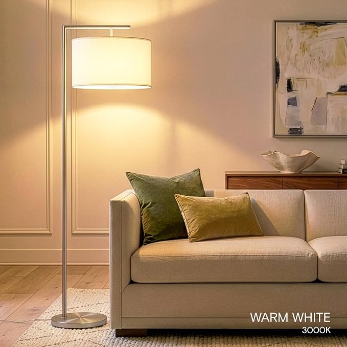 Brightech Montage Modern Floor Lamp - LED Standing Lamp with White Shade and Adjustable Color for Living Rooms & Offices - Tall Corner Bedroom Reading Light for Contemporary Home Decor - Satin Nickel