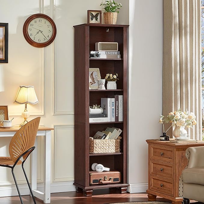 SAVOR LIFE Narrow Walnut Book Shelf, 70" Tall Skinny Bookshelf with Adjustable Shelves & Wooden Legs, Farmhouse Wood Bookcase w/5-Tier Open Storage, Free Standing Book Case for Office,Living Room,3PCS