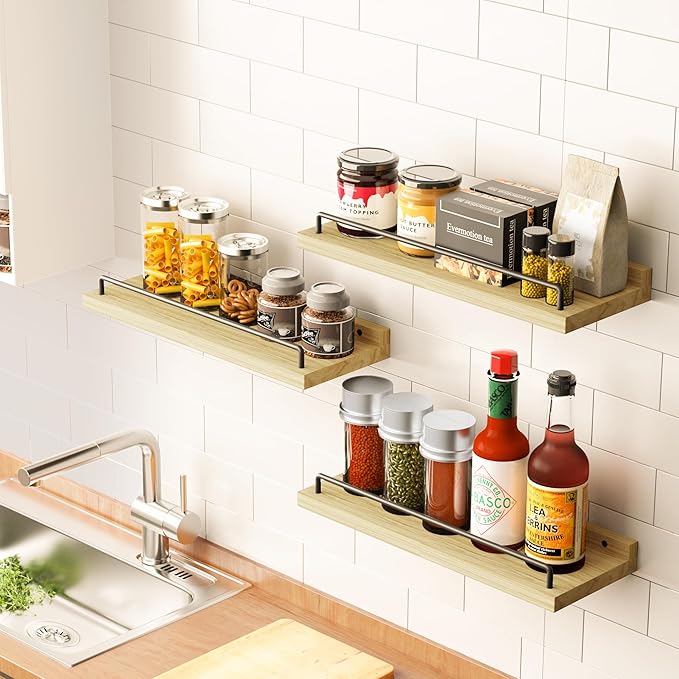 Floating Shelves for Wall Decor, Light Brown Wood Shelves for Bathroom, Living Room, Bedroom, Picture Frames, Plants, Kitchen (Set of 3)