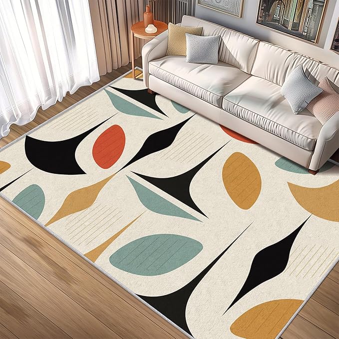50s Rugs for Living Room 7x7, Mid Century Retro Geometric Abstract Modern Pattern Design Area Rug, 50s Bedroom Decor Carpet, Non Slip, Washable (RG651)