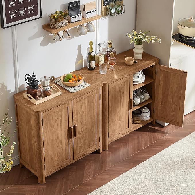 Joaxswe Sideboard Buffet Cabinet with Storage Set of 2, 31.5" Arc-Shaped Credenza with 2 Doors & Adjustable Shelves, Coffee Bar Cabinet for Kitchen, Living Room, Darkwood