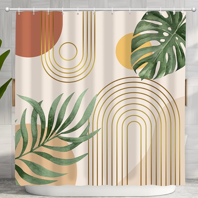 Mid Century Abstract Boho Aesthetic Shower Curtain Set, Green Nature Leaf Sun Modern Minimalist Home Bathroom Curtain Decor with 12 Hooks 72 Inch Wide * 72 Inch High