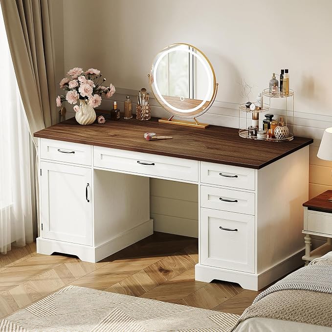 OffiGo 59 Inch Farmhouse Desk with Drawers, Executive Computer Desk with Charging Station, Wood File Cabinet Storage for Home Office, Walnut+White