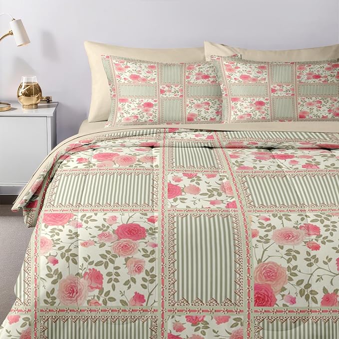Nesker Comforter Set Queen Size, Floral Rose Leaves 7 Pcs Bedding for Kids and Adults, Shabby Chic Checkered Flower Bed Sheet Sets with Fitted Sheet 2 Pillowcases & 2 Shams