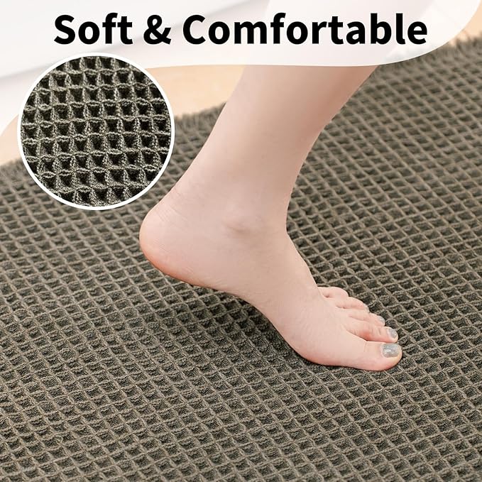 Waffle Bath Mat - Boho Bathroom Rugs Non Slip Washable, Super Absorbent & Quick Dry, Soft Bath Mat Farmhouse Bathroom Decor, 20'' x 48'', Olive Green