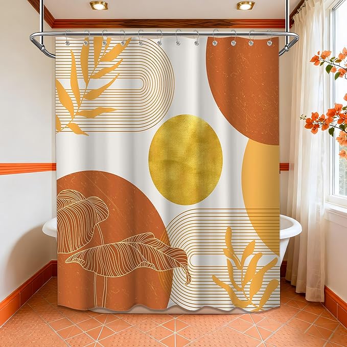 Orange and Gold Shower Curtain Burnt Orange White Shower Curtains for Bathroom Decor Boho Mid Century Bath Curtain Set, Waterproof Fabric with Hooks 70 x 72 Inch