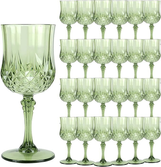 Plastic Wine Glasses, Plastic Goblets Vintage Style Cordial Drinking Glasses for Valentine’s Day, Wedding Reception, Grand Event Party Supplies (24, New Green)