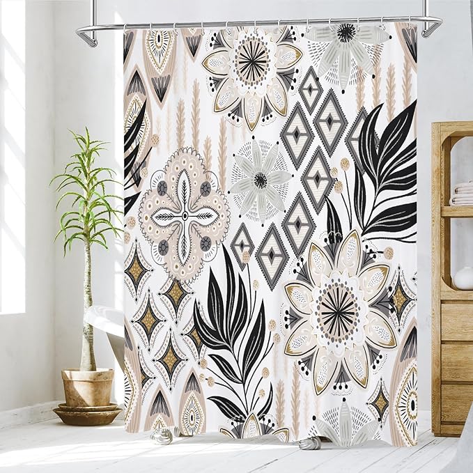 MitoVilla Boho Floral Shower Curtain, Farmhouse Modern Abstract Flower Shower Curtains for Rustic Vintage Bathroom Decor, Colorful Leaves Fabric Cloth Shower Curtain, 72x72