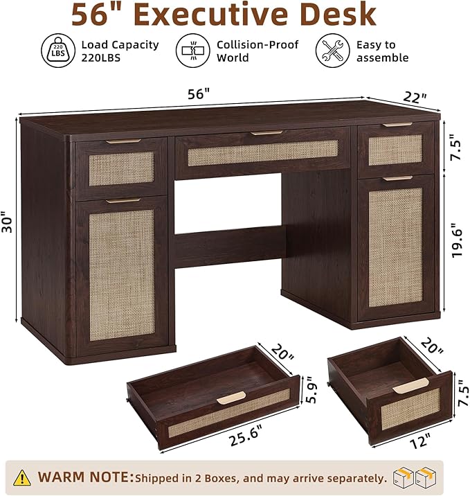 LEYAOYAO Office Desk 56" with 5 Drawers Storage File Cabinet Rattan Wood Desk for Computer Office Bedroom Home Furniture Dark Walnut