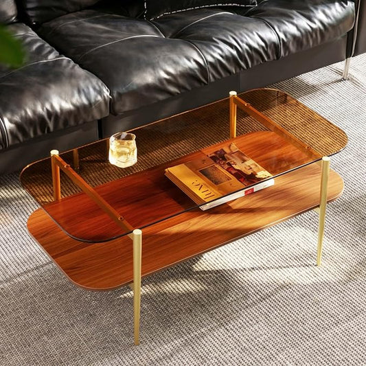 AGV LIGHTING Tadio Glass Coffee Table, Mid-Century Modern Coffee Table for Living Room, Gold Finish Leg, Coffee Brown Glass Top & Walnut Brown Shelf, Rounded Corners