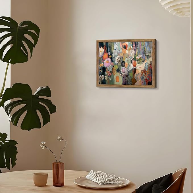 Framed Vintage Colorful Flower Canvas Wall Art, Abstract Floral Graffiti Poster Prints, Modern Boho Botanical Artwork, Elegant Nature Wall Decor for Living Room Bedroom Office 16x24in