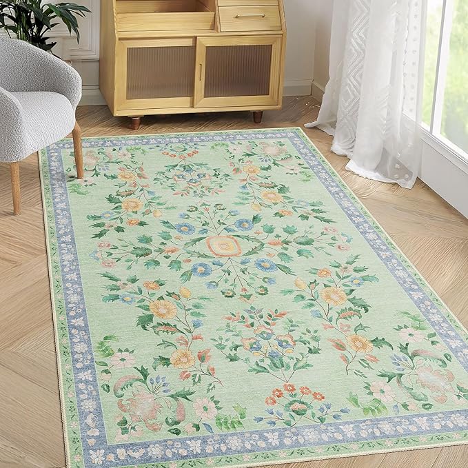 MUJOO Washable 3x5 Rug,Green Floral Area Rugs for Bedroom Bedside Entryway Living Room Kitchen,Small Boho Indoor Floor Rug Non Slip Throw Carpet Low Pile Vintage