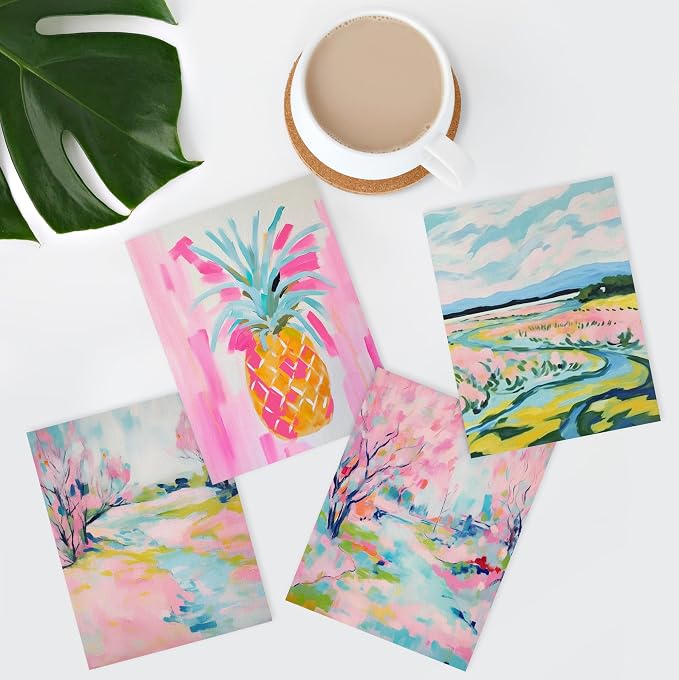 SIGNWIN Adhesive Canvas Poster Vibrant Landscape and Pineapple Colorful Preppy Room Decor Pink Decor Digital Art Modern Art Decorative Multicolor Scenic for Bedroom - 11"x14"x4