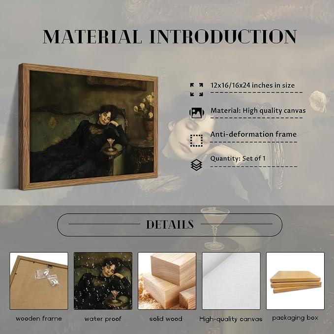 Framed Vintage Victorian Wall Art, Moody Woman Reclining on Sofa Canvas Poster, Dark Academia Portrait Oil Painting Prints, Classical Elegant Wall Decor for Living Room Bedroom Study 12x16in