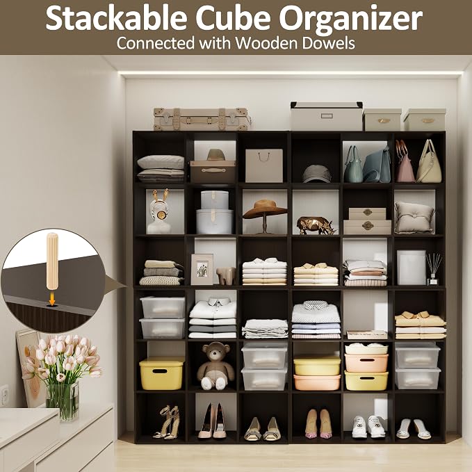PrimeZone Stackable 9 Cube Storage Organizer: Wood Cubes Shelf Fits Cubby Bins - Square Cubicle Bookshelf Cabinet for Closet Bedroom - Open Storage Shelf for Toy Clothes Book Organization, Espresso