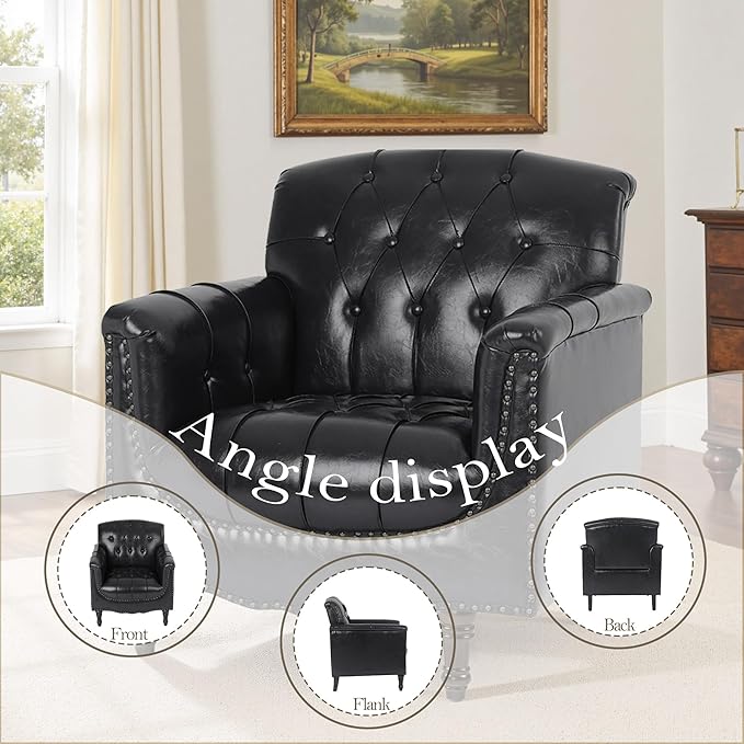 Pia Ricco Faux Leather Armchair Set of 2, Modern Accent Chairs with Nailhead Trim and Solid Wood Legs, Upholstered Comfort for Living Room, Office, Bedroom - Bule Black