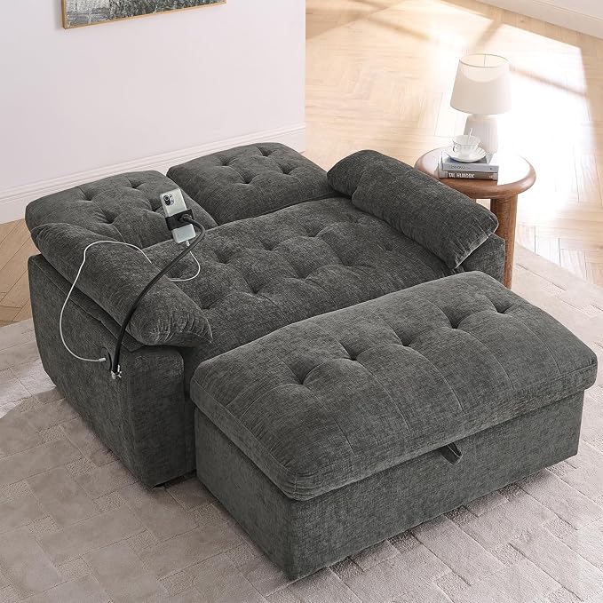 Oversized Chaise Lounge Chair Indoor, Double Convertible Recliner Reading Arm Sofa Chair W/Adjustable Backrest & Charging Port Couch Bed for Living Room, Home Theater & Bedroom, Grey